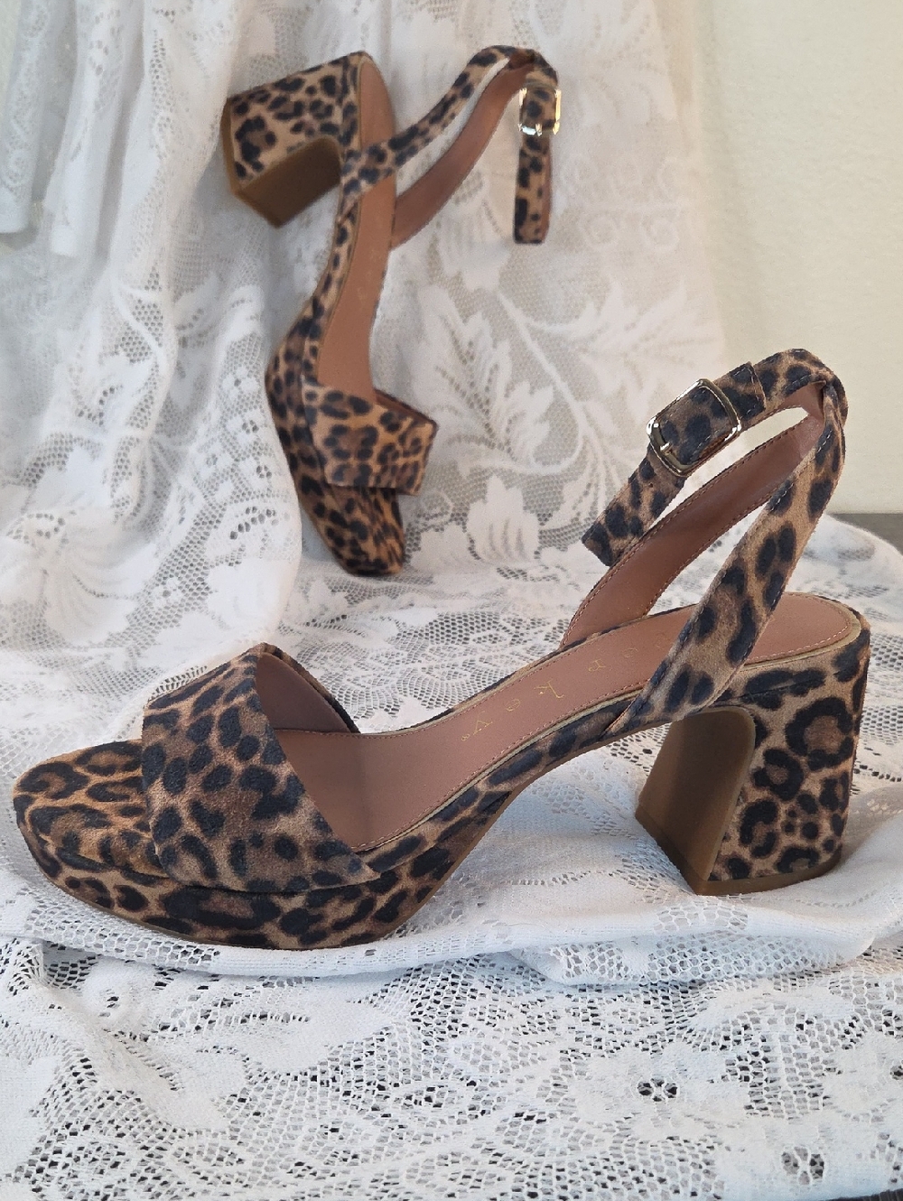 Copper Key Leopard Print Block Heel SandalsTan & Brown. Ankle Strap Adjustable